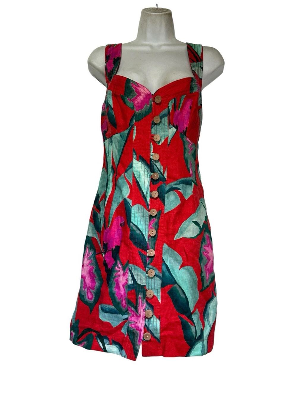 FARM Rio Red Summer Birds Foliage Parrot Linen Mini Dress Size S